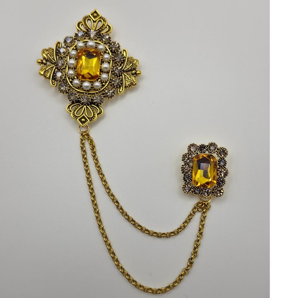 Palace Style Double Pin Brooch W/ Chain Faux Pearls Amber Rhinestones Gold Tone